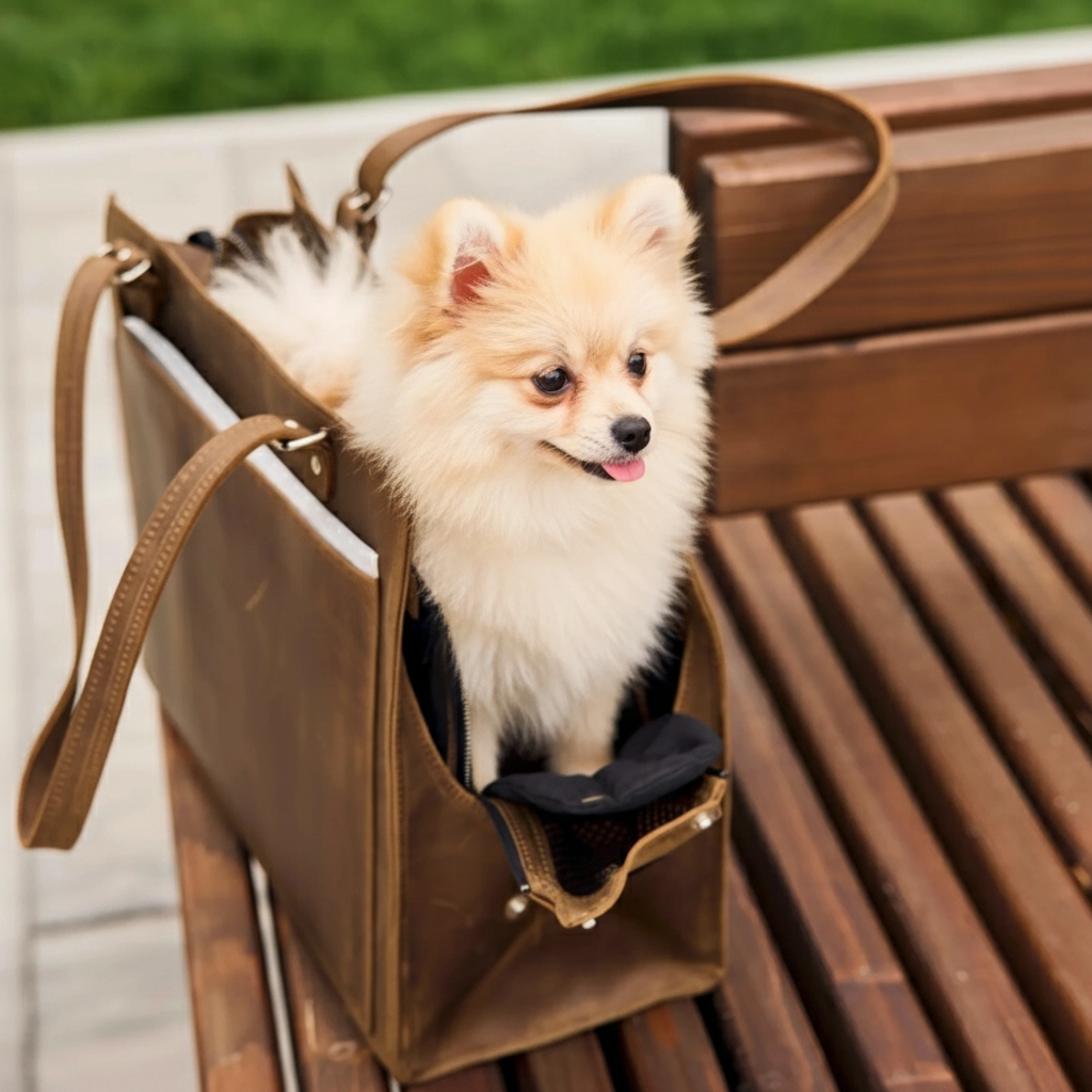 Small dog in a  leather dog travel carrier - airline-compliant design with mesh ventilation
