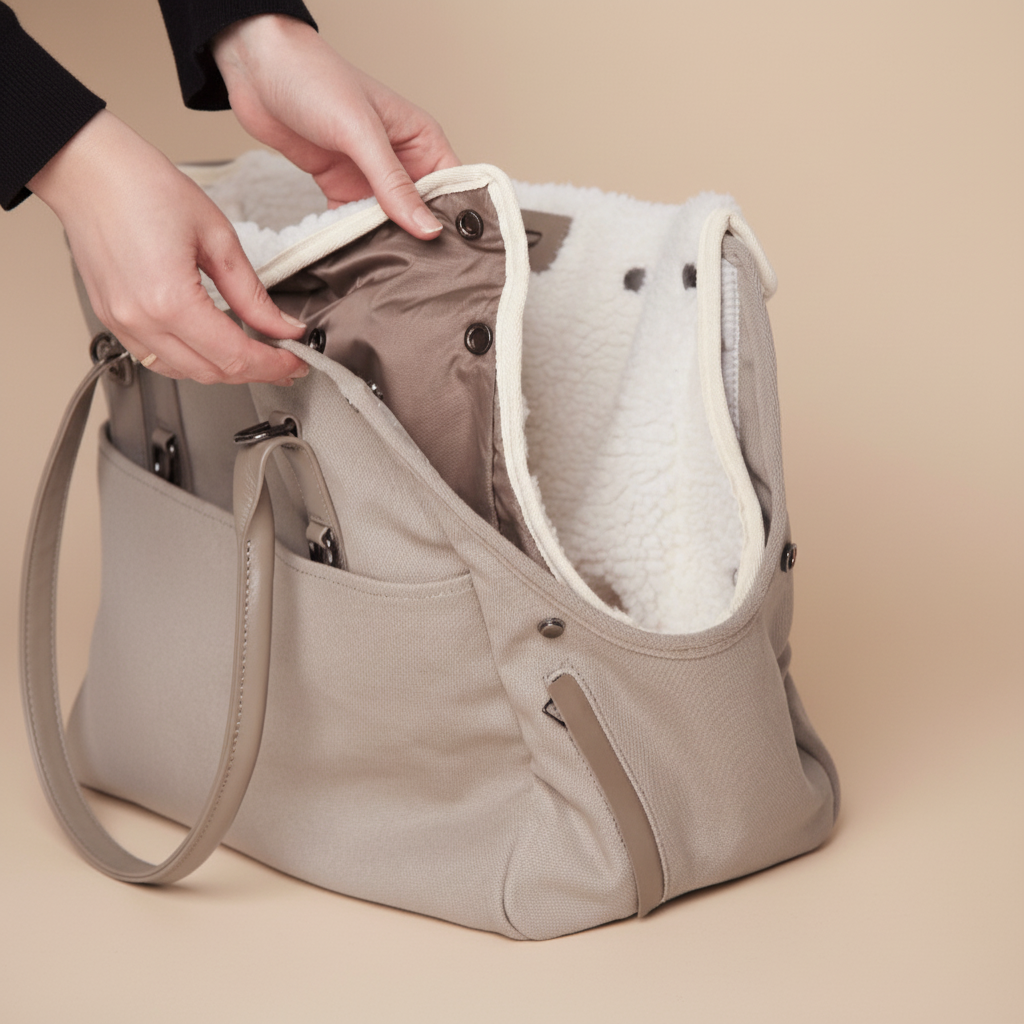 Stylish dog carrier tote bag detail view showing premium materials and durable construction