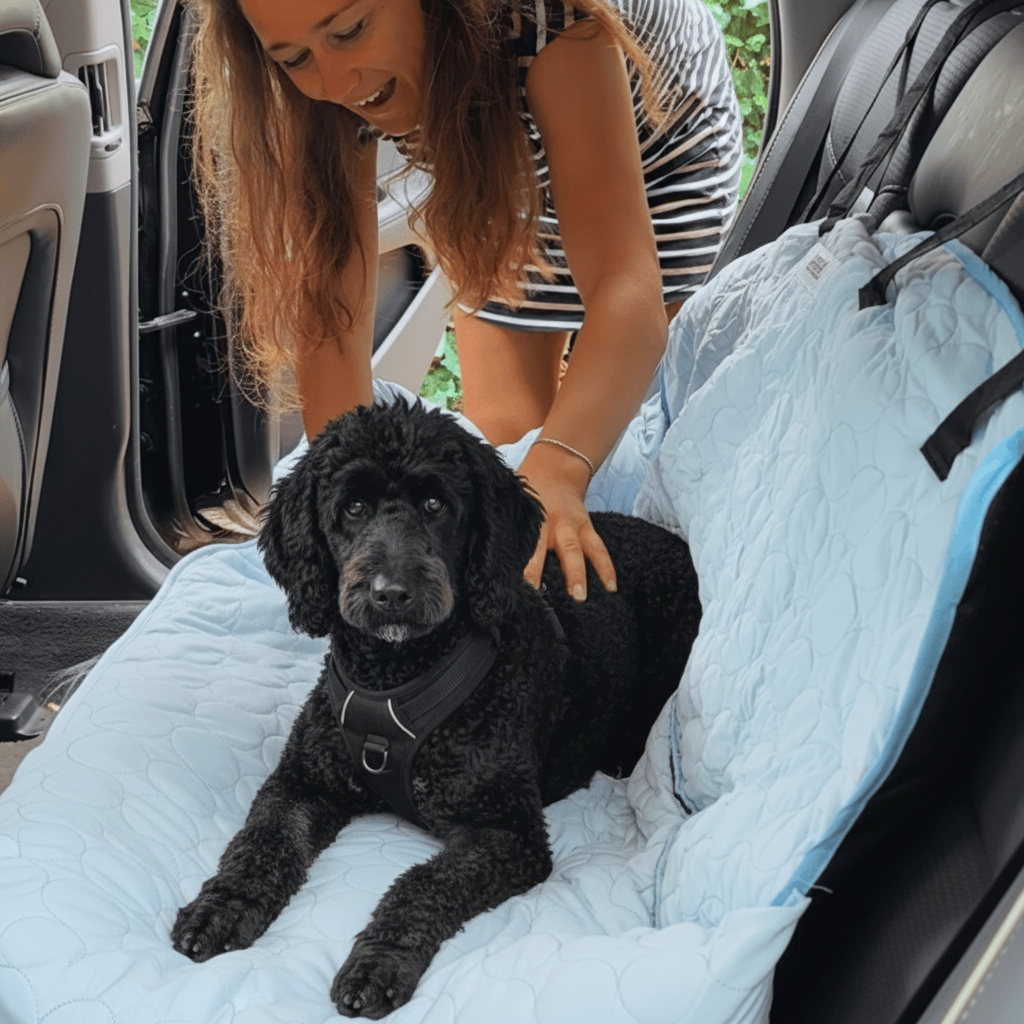 Cooling dog car bed in light blue showing breathable fabric and protective design for car interior