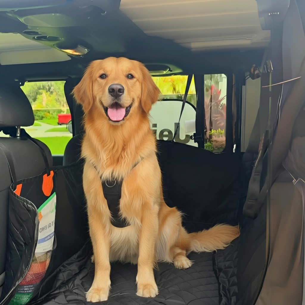Dog car seat cover with hard bottom extended platform in black, showing complete vehicle protection for large dogs