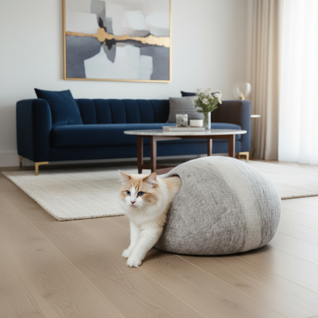 Premium wool felt cat bed - cave style hideaway 20.5 by 10 inches for cats up to 25 lbs
