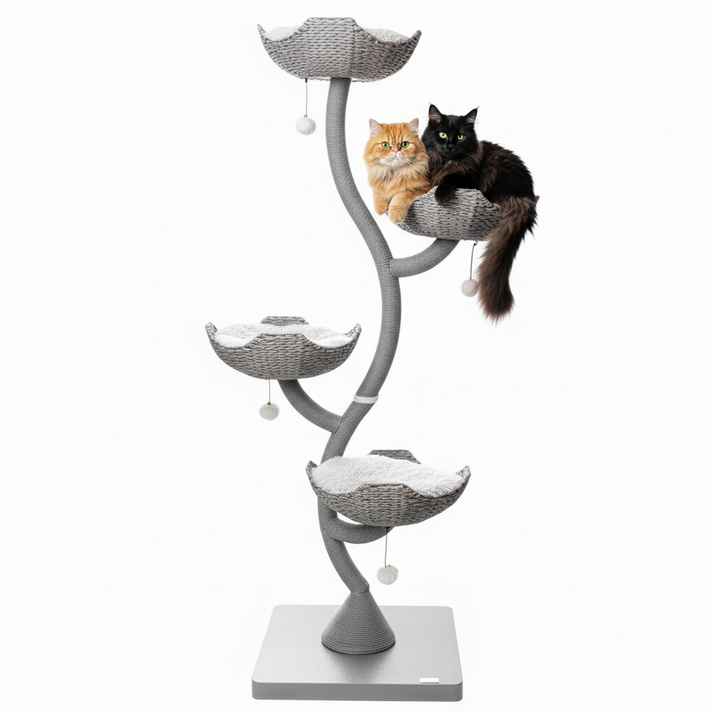 White cat tree tower showing side angle with climbing levels and cushioned platforms
