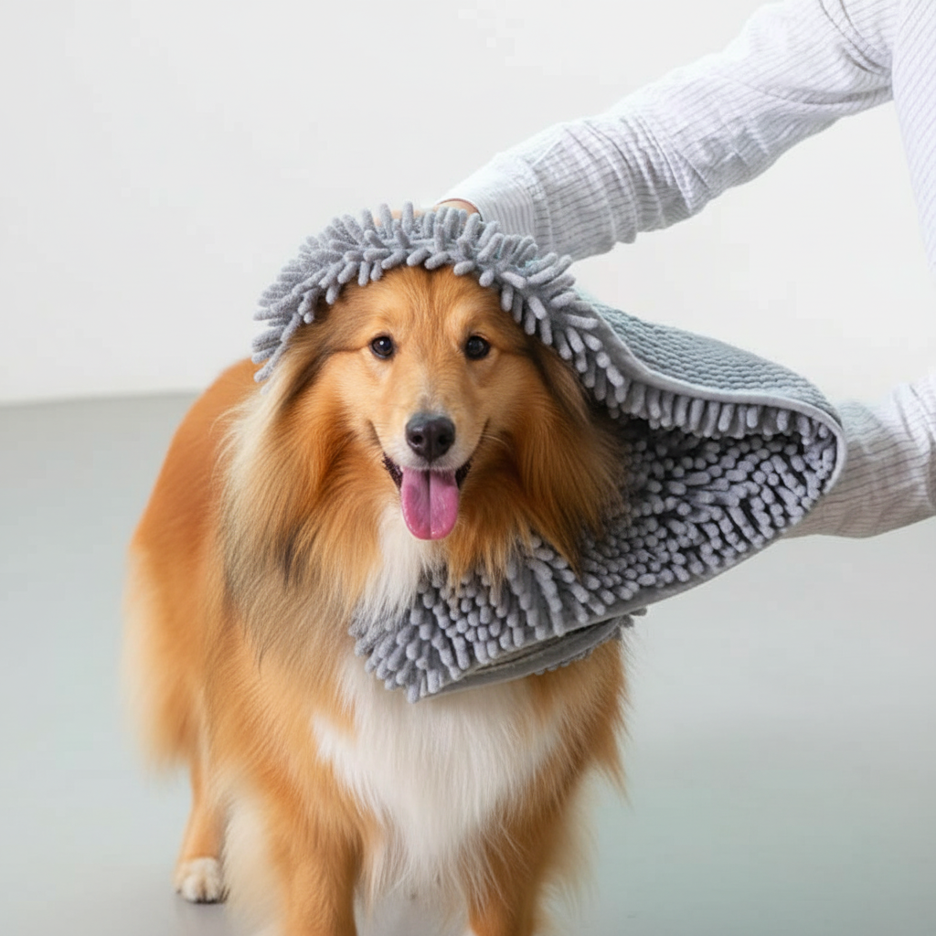 Microfiber dog drying towel removing water and mud from dog's coat