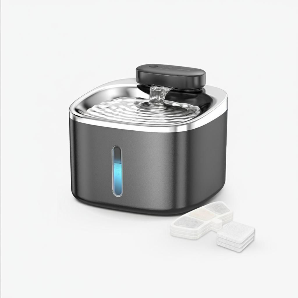 Black and silver pet water fountain on a white background