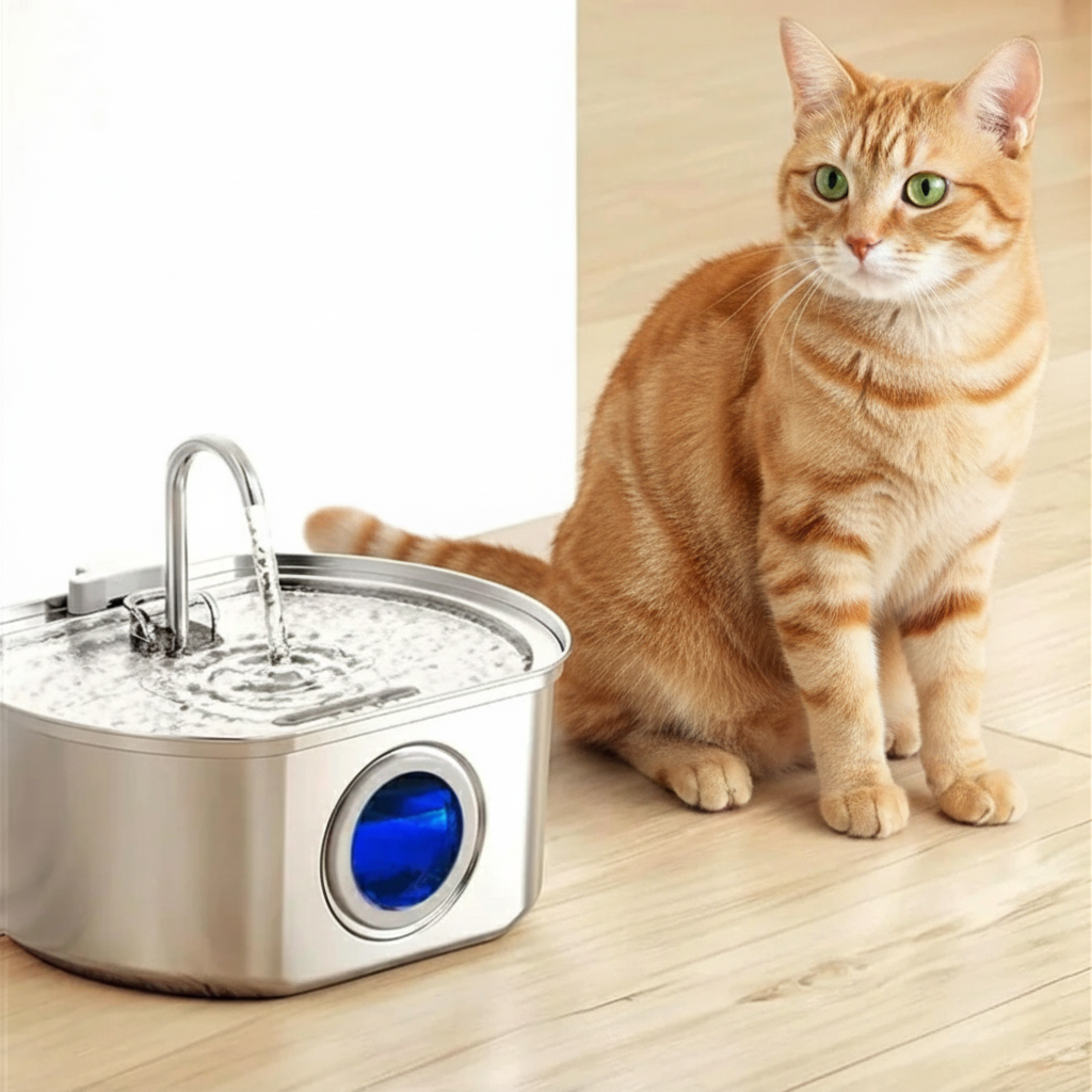 Cat sitting next to a pet water fountain on a wooden floor.