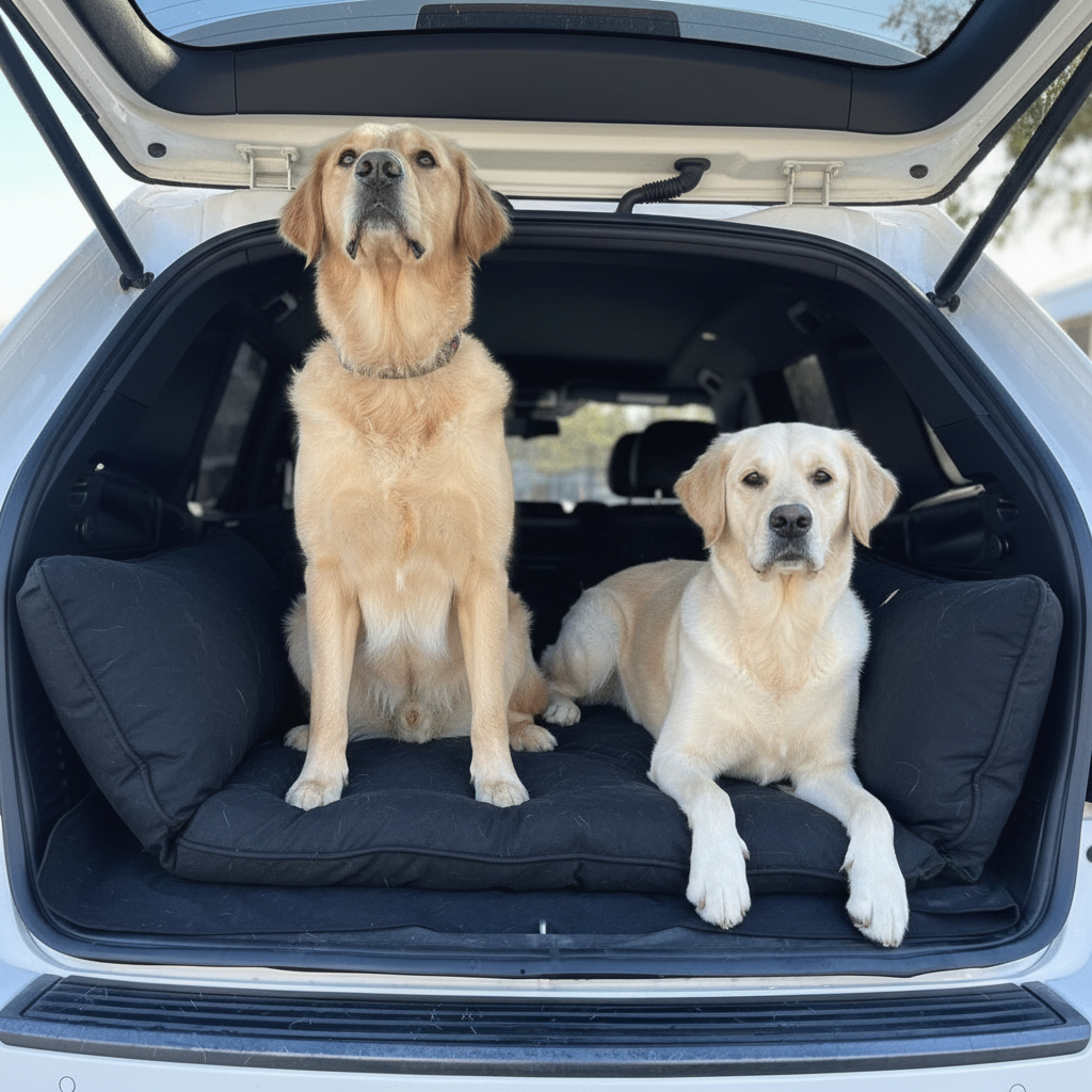 Golden Retrievers in a Premium Cordura fabric SUV dog bed with waterproof liner for road trips
