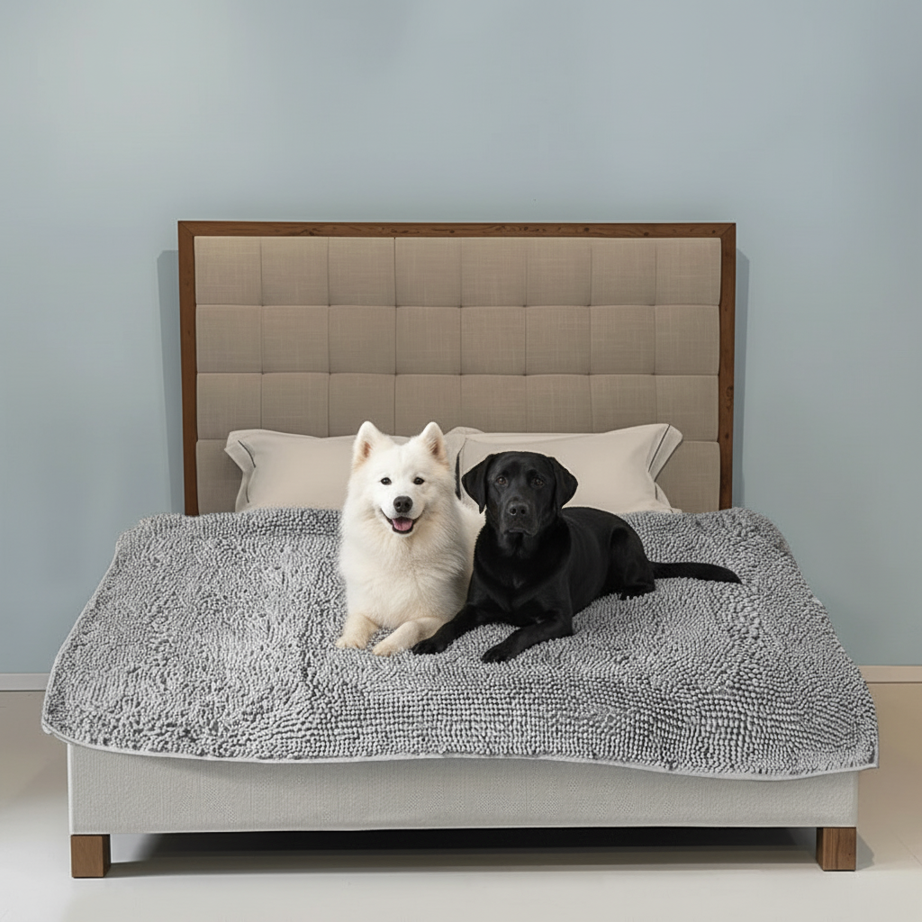 Waterproof dog blanket on bed protecting furniture from pet hair and dirt