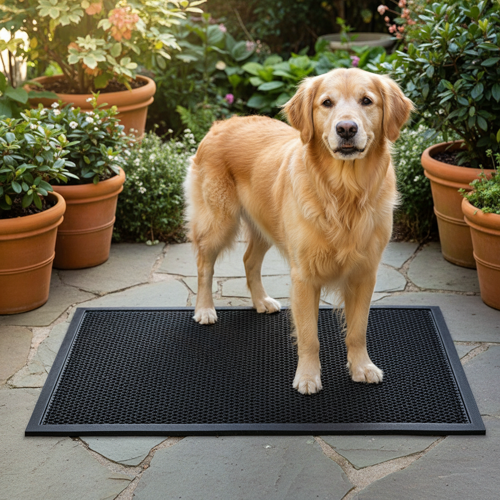Dog standing on heavy-duty outdoor mat showing dirt and mud trapping capability