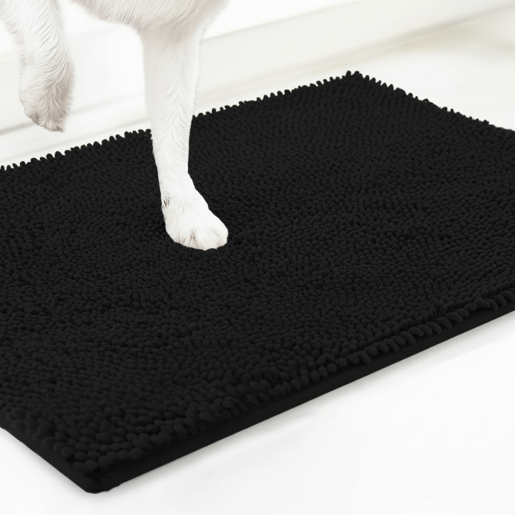 Black super absorbent microfiber dog door mat with chenille texture for muddy paws