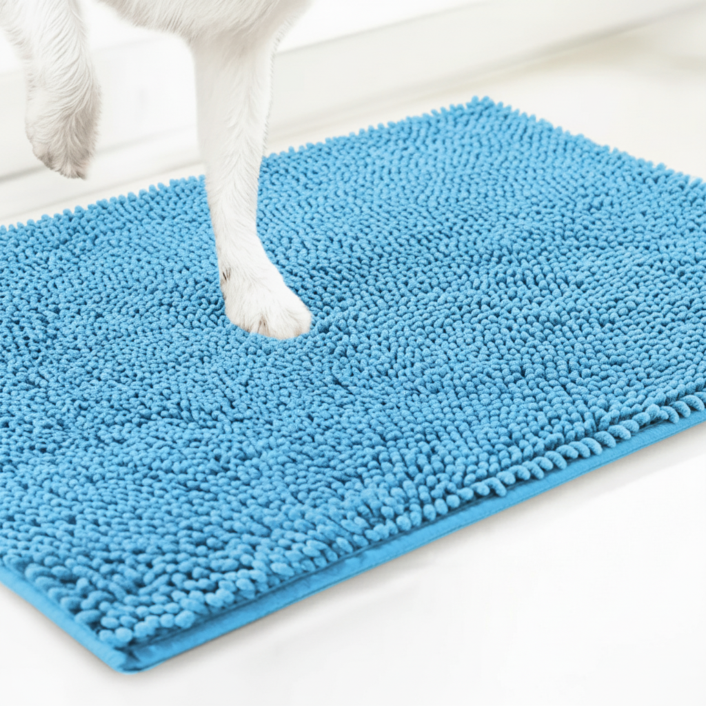Light blue super absorbent microfiber dog door mat with chenille texture for muddy paws