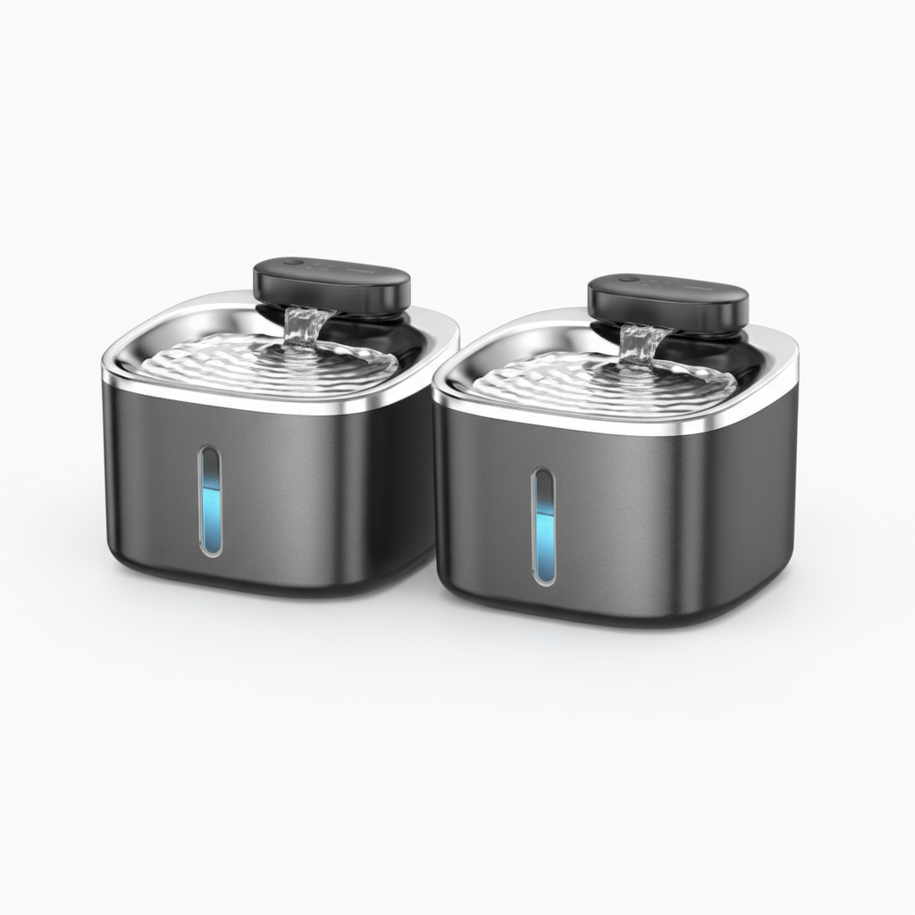 Two black and silver pet water bowls on a white background