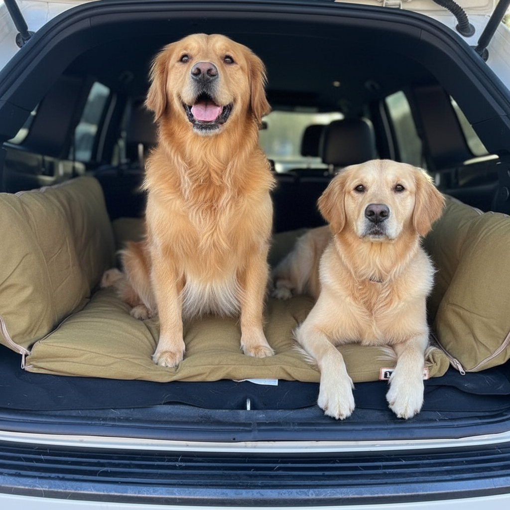 Dogs enjoying comfortable SUV cargo bed with 3-inch foam cushioning
