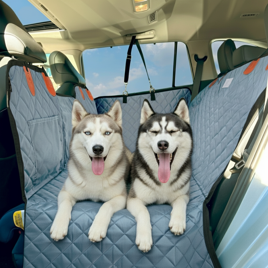 Extended hard-bottom dog car seat cover creating spacious backseat area for multiple large dogs