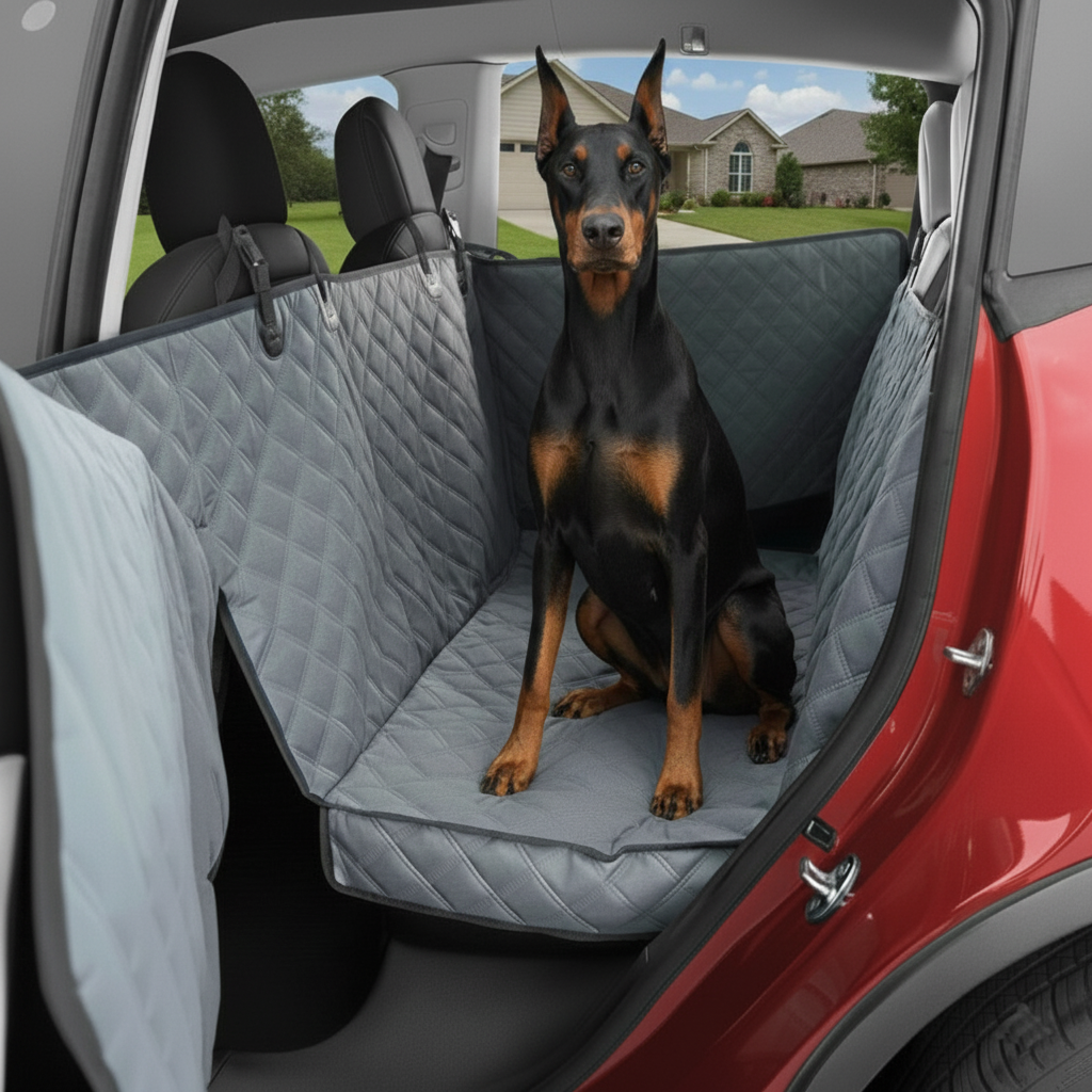 Dog sitting on a car seat cover in the back of a red car with a house and grass visible outside.