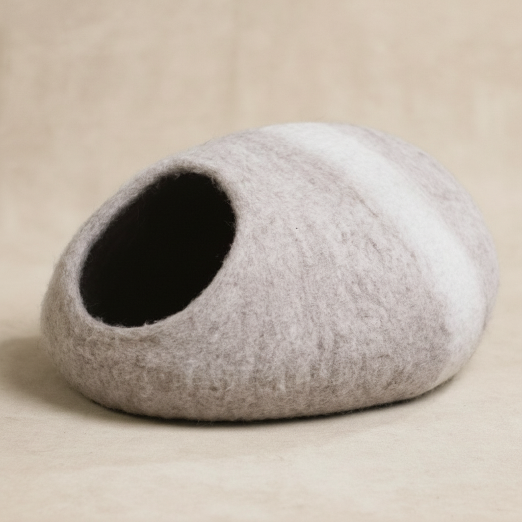 Cat bed cave made from premium wool felt - cozy enclosed hideaway with stripe accent
