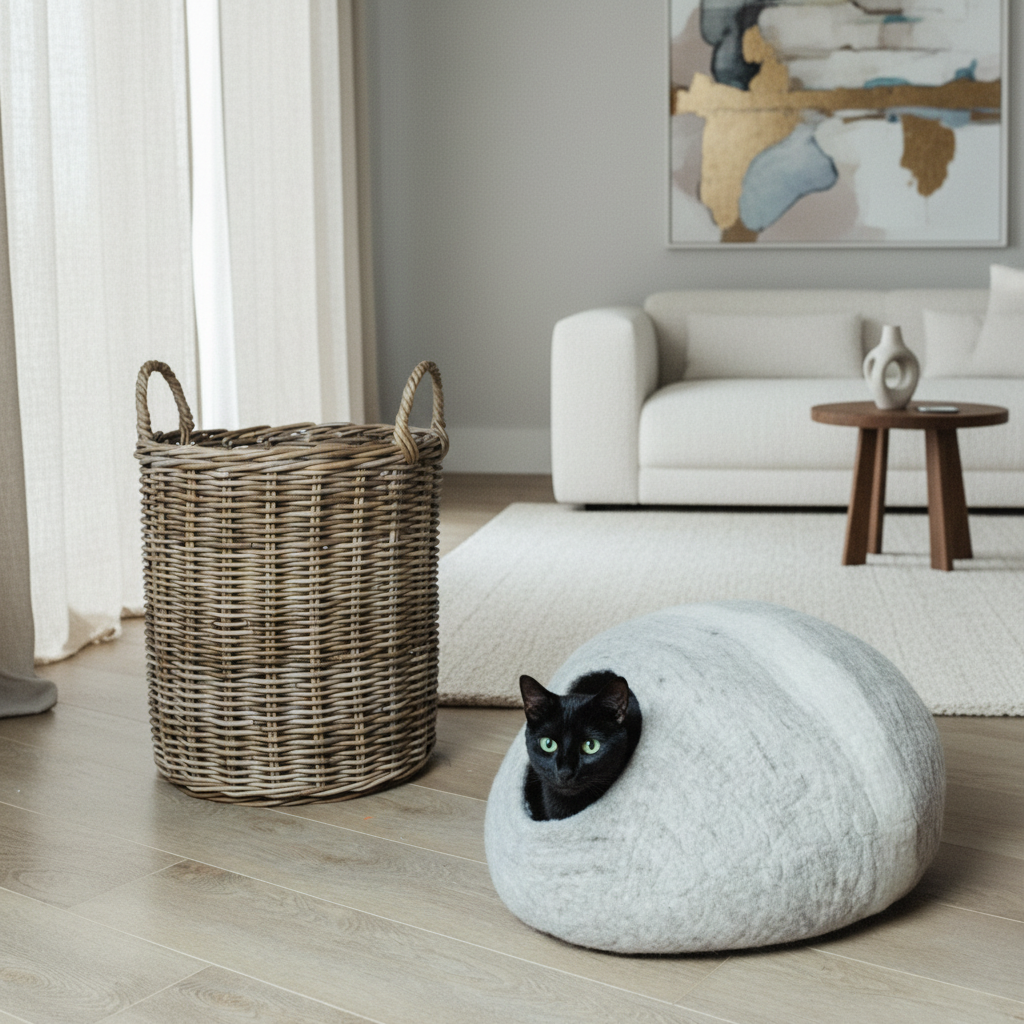 Wool felt cat bed cave with modern white stripe design - 20.5 by 10 inch hideaway for cats
