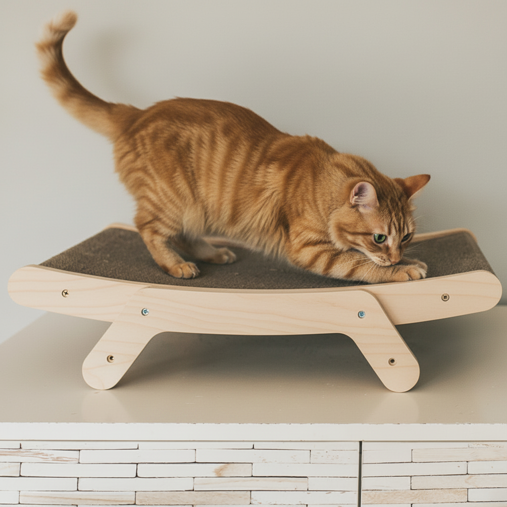 Close-up of corrugated cardboard cat scratcher - durable scratching surface texture
