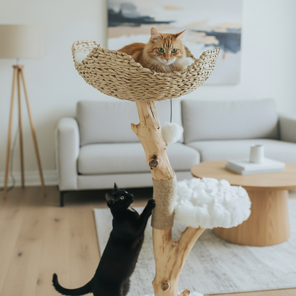 Cat tree tower with woven basket perch - 43 inch tall multi-level climbing furniture
