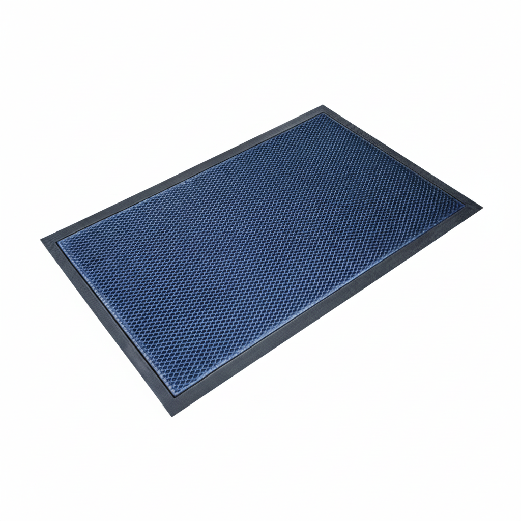 Blue Heavy-duty dog mat with 3D mesh design trapping dirt and debris