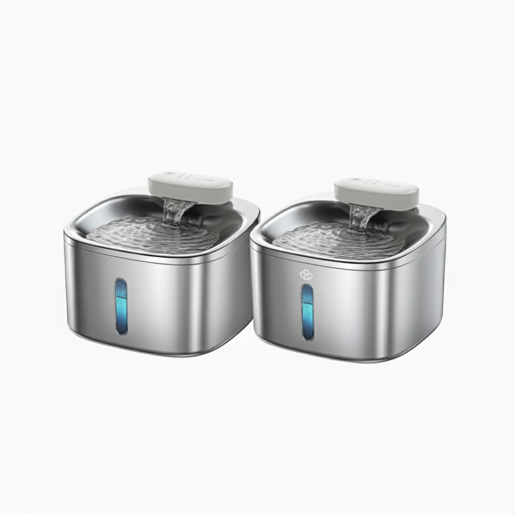 Two stainless steel pet water fountains on a white background