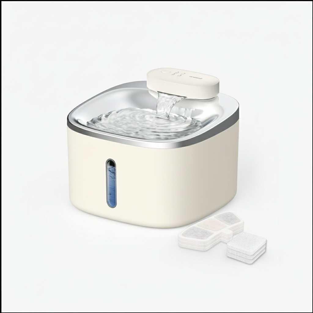 White pet water fountain with additional filters on a white background