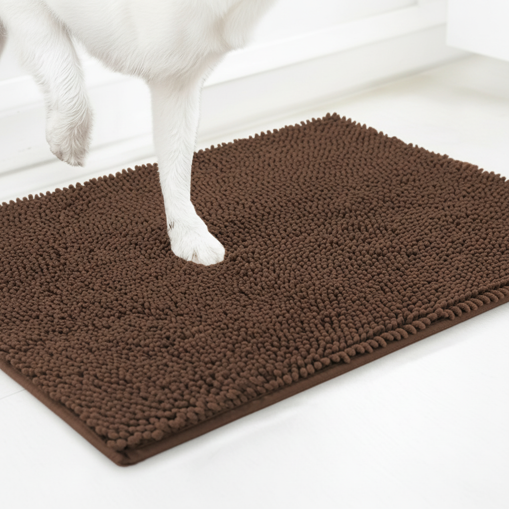 Brown super absorbent microfiber dog door mat with chenille texture for muddy paws