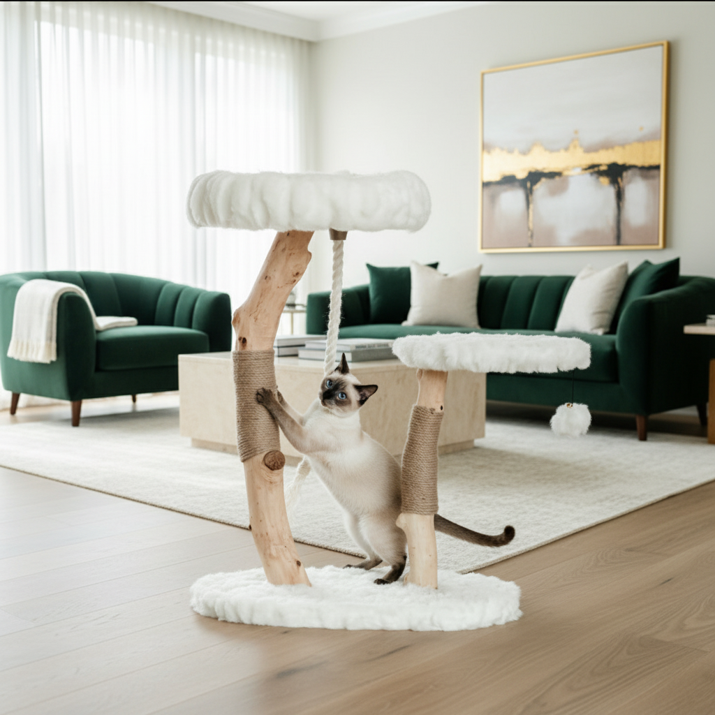 Multi-level cat tower with scratching posts - side view showing climbing platforms and hideaway
