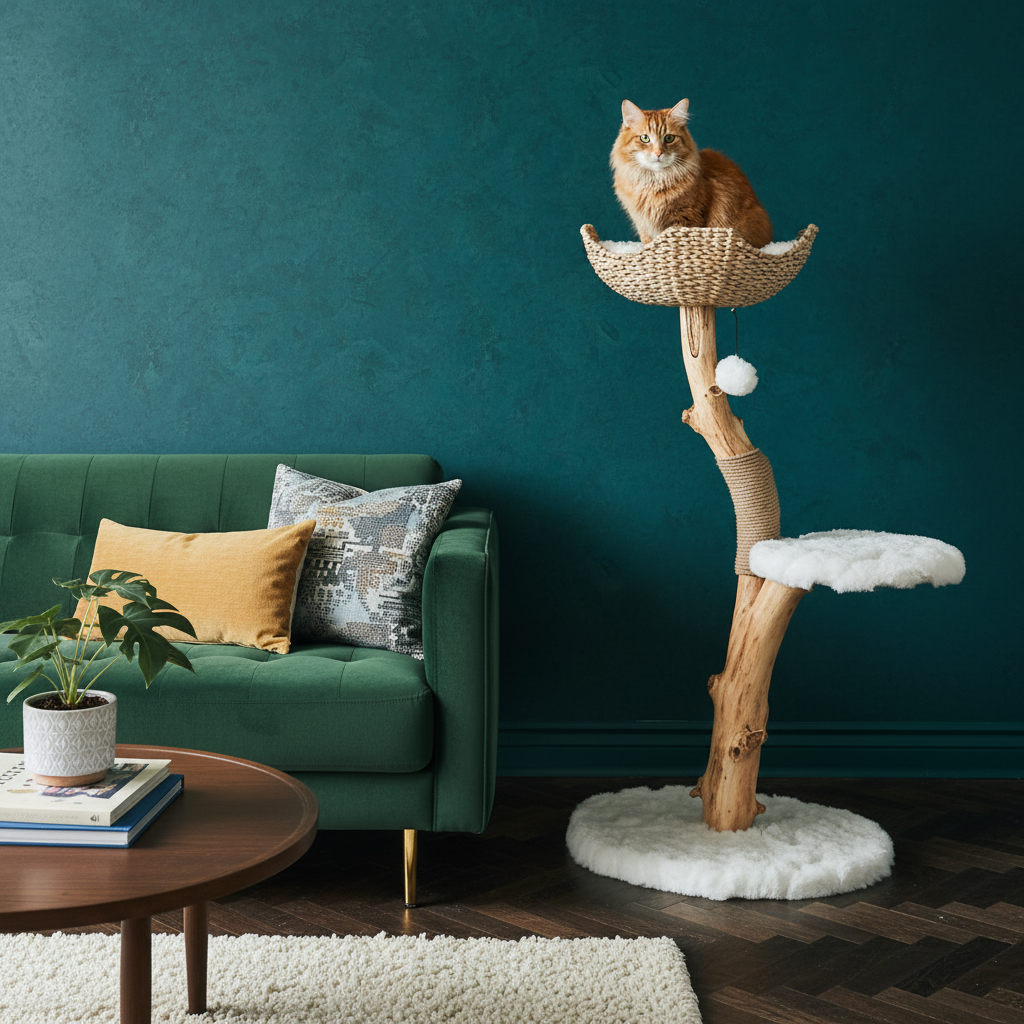 Multi-level cat tree with basket perch and hideaway - side view showing scratching posts
