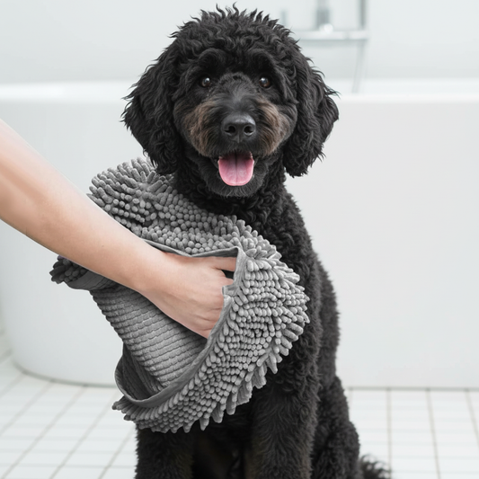 Super absorbent microfiber dog towel in grey for drying wet dogs