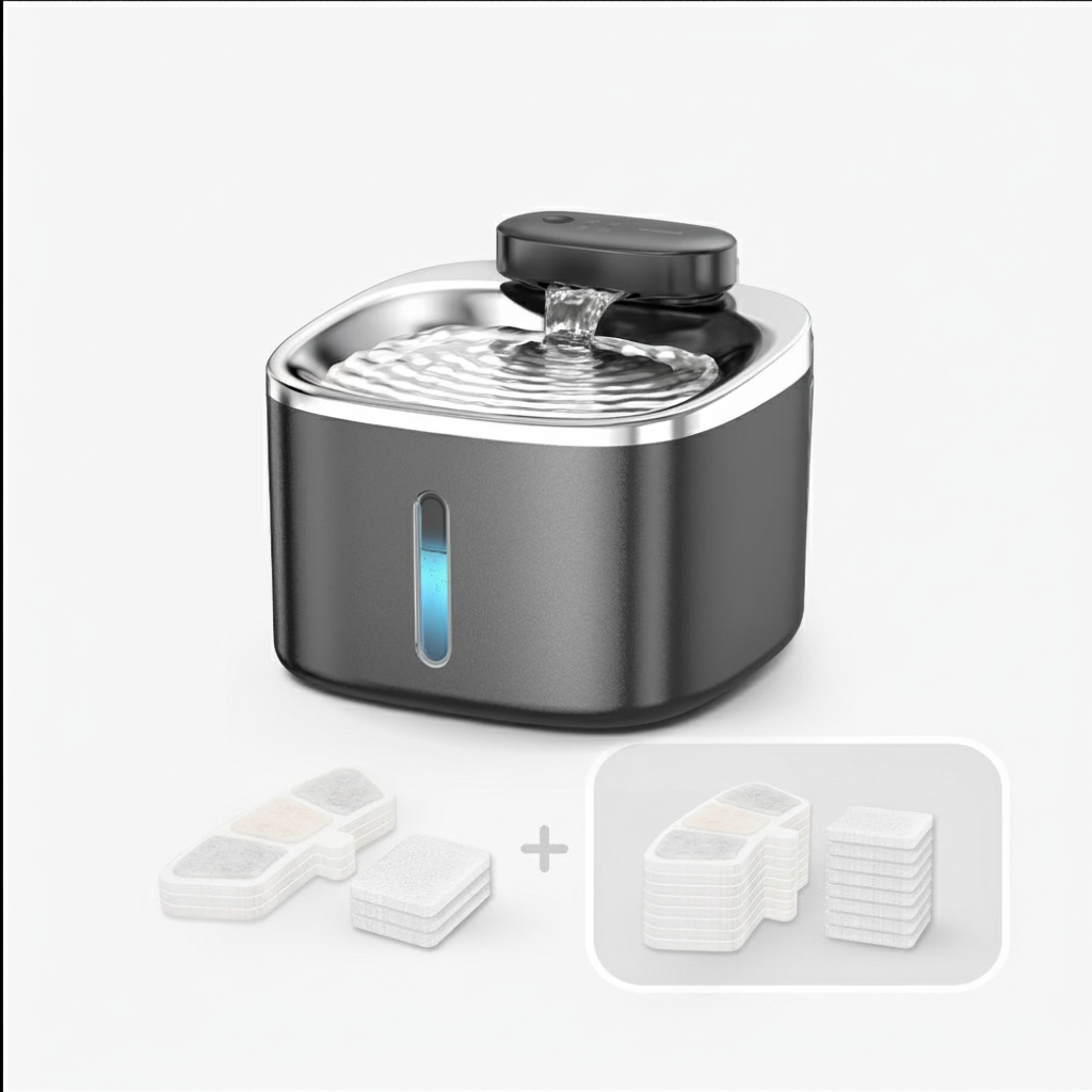 Stainless steel water fountain with additional filters on a white background