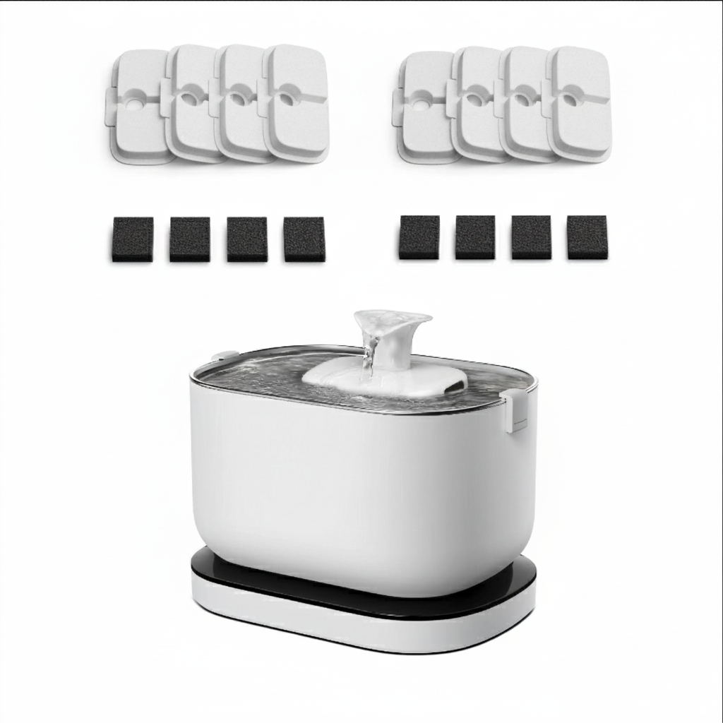 Cordless battery-operated pet water fountain in white, with 8 filters, and with 2.5L capacity for dogs and cats
