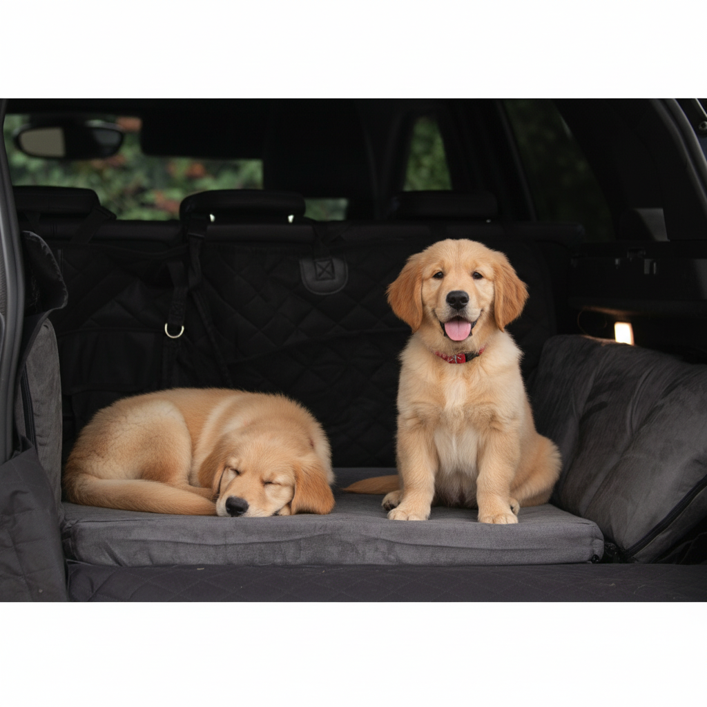 Travel dog bed installed in SUV cargo area with non-slip bottom
