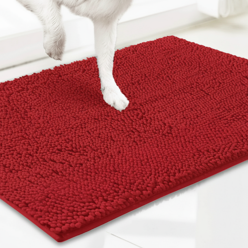 Red super absorbent microfiber dog door mat with chenille texture for muddy paws