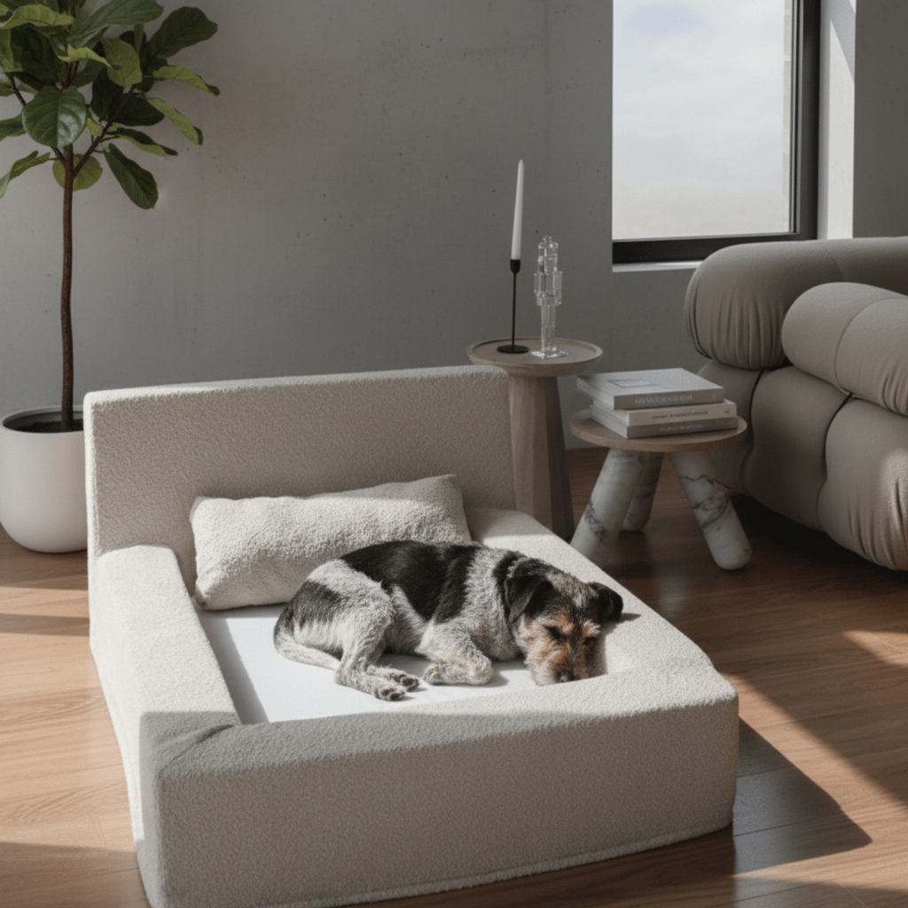 Premium memory foam dog bed with waterproof liner and washable cover in beige
