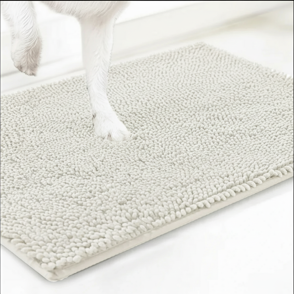 White super absorbent microfiber dog door mat with chenille texture for muddy paws