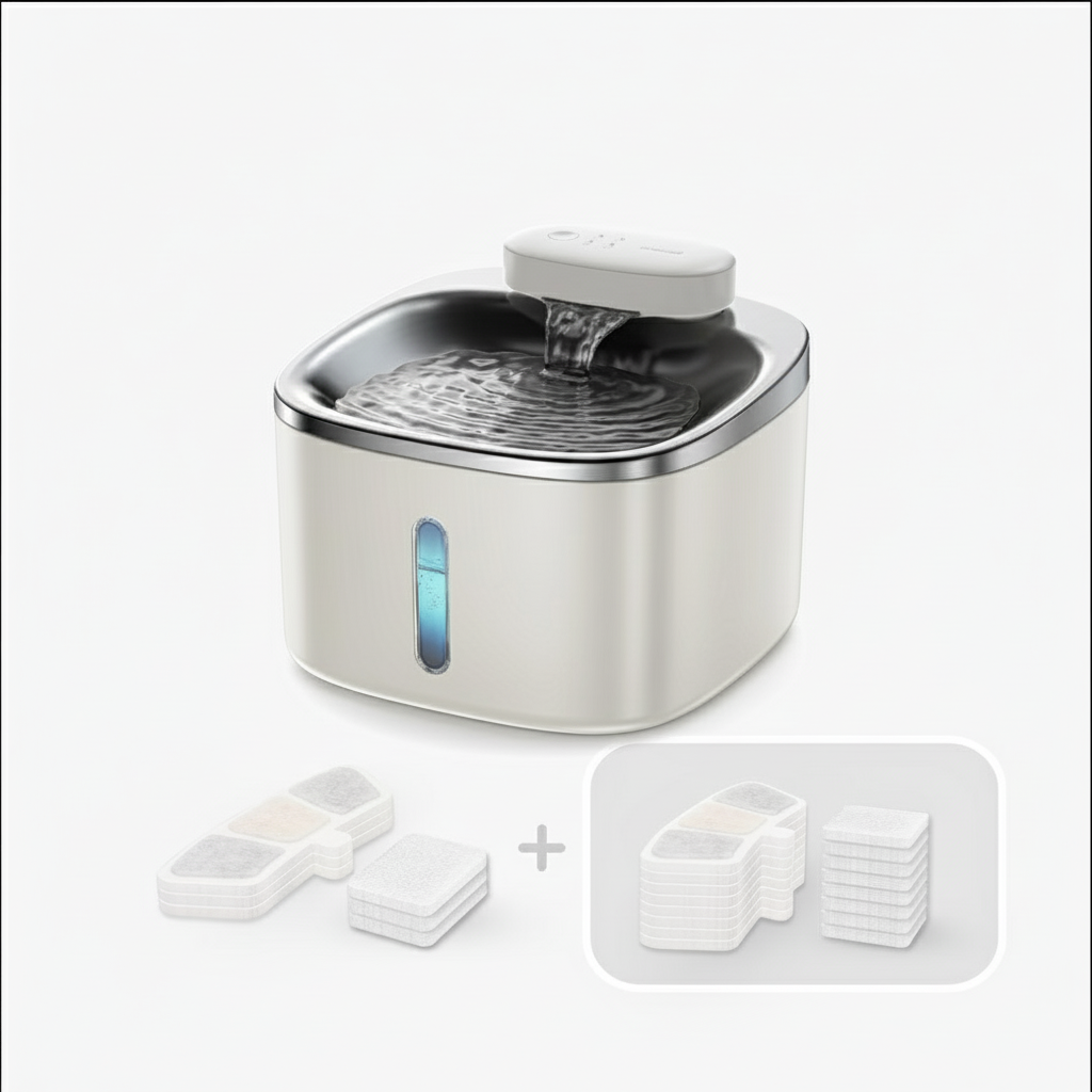 Stainless steel pet water fountain with additional parts on a white background